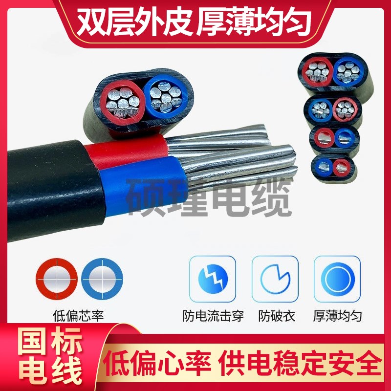 国标铝线2芯电线家用护套线10/16平方毫米防老化进户线室外电源线