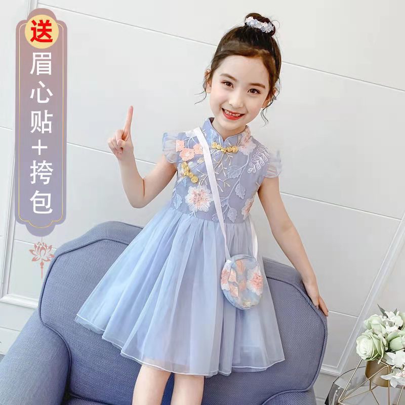 女童连衣裙夏中大童洋气旗袍公主裙2021新款复古中国风网纱蓬蓬裙