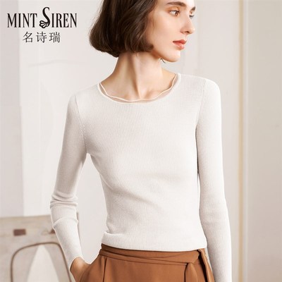 白色纯羊毛修身打底毛衣圆领蕾丝波浪边长袖套头低领内搭针织衫