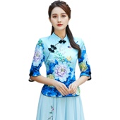套装 中国风女装 复古汉服改良旗袍上衣春夏唐装 茶艺服装 两件套 中式