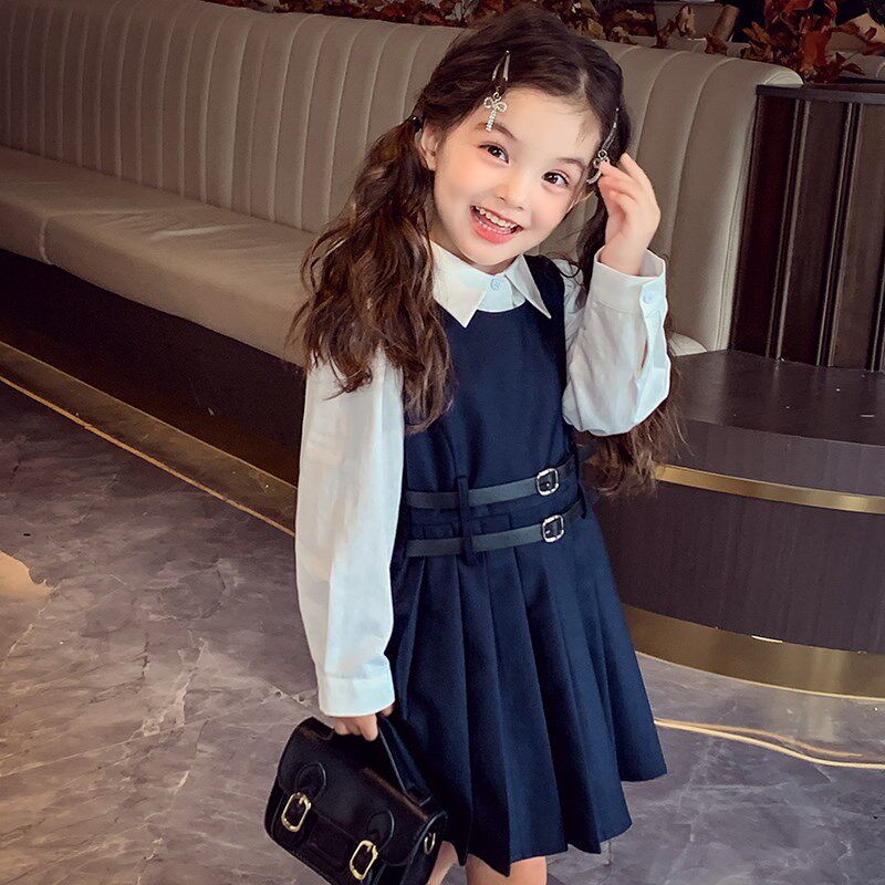 女童连衣裙秋装2024新款学院风百褶背心裙两件套小女孩JK制服套装