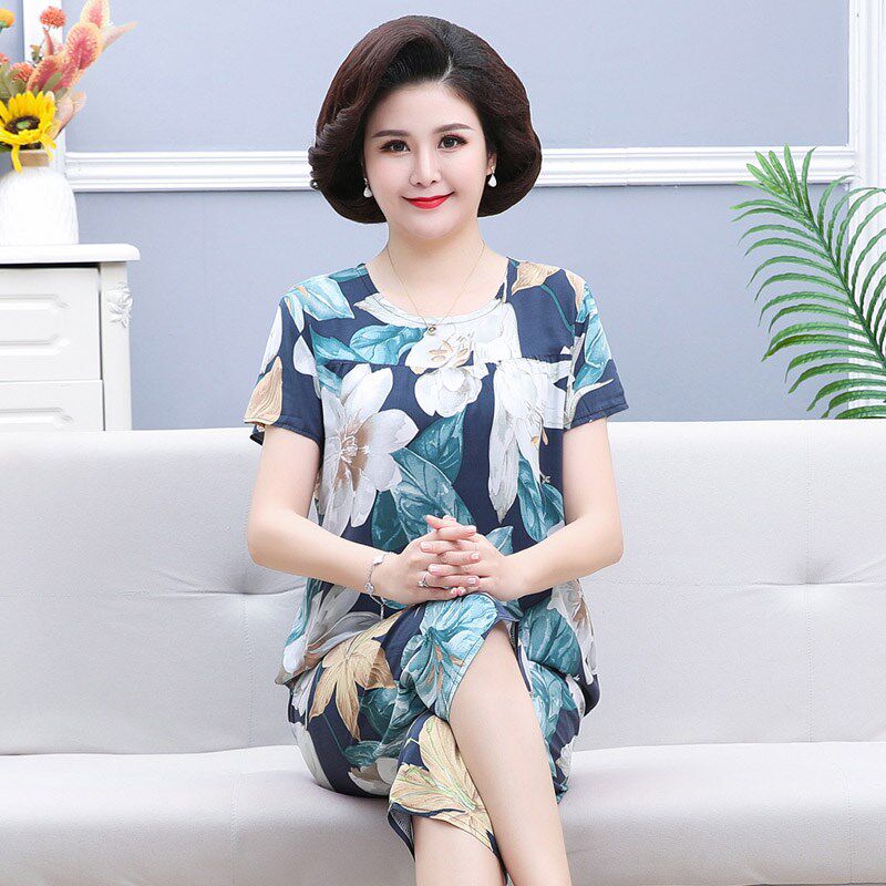 2024新款中年妈妈睡衣女款夏季短袖老人纯棉绸夏天绵绸家居服套装