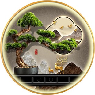 壁灯玄关迎客松挂画新中式圆形装饰画LED入户门正对墙客厅带灯画