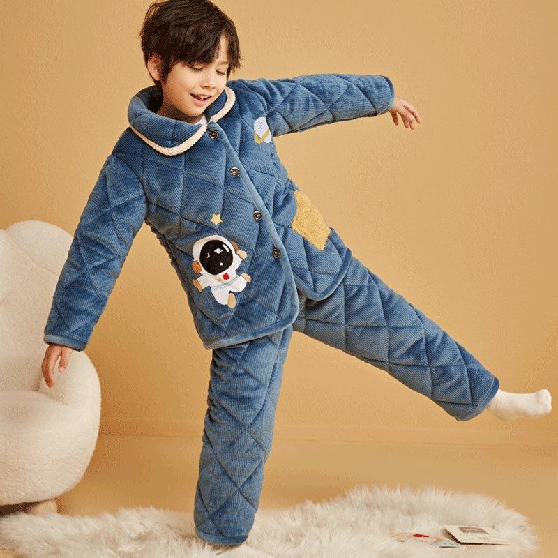 冬季男童儿童三层铺棉睡衣加绒加厚冬款法兰绒卡通男孩大童居家服