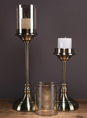 简约美式餐桌样板房软装饰品摆件新年烛光晚餐道具水晶金属蜡烛台