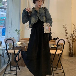 大码女装秋冬新款胖妹妹背心连衣裙复古毛边流苏短款牛仔外套套装