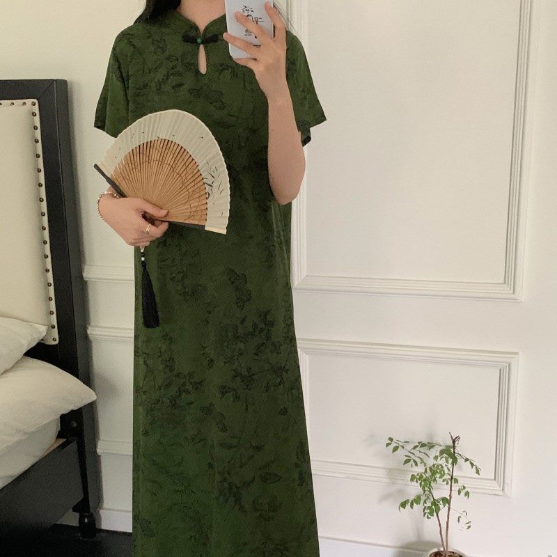 改良旗袍新中式可外穿棉绸加长款盘扣民国连衣裙短袖睡衣睡裙女夏