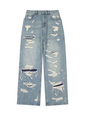 LOSTCTRL大破坏双层破洞牛仔裤男宽松直筒复古做旧嘻哈国潮