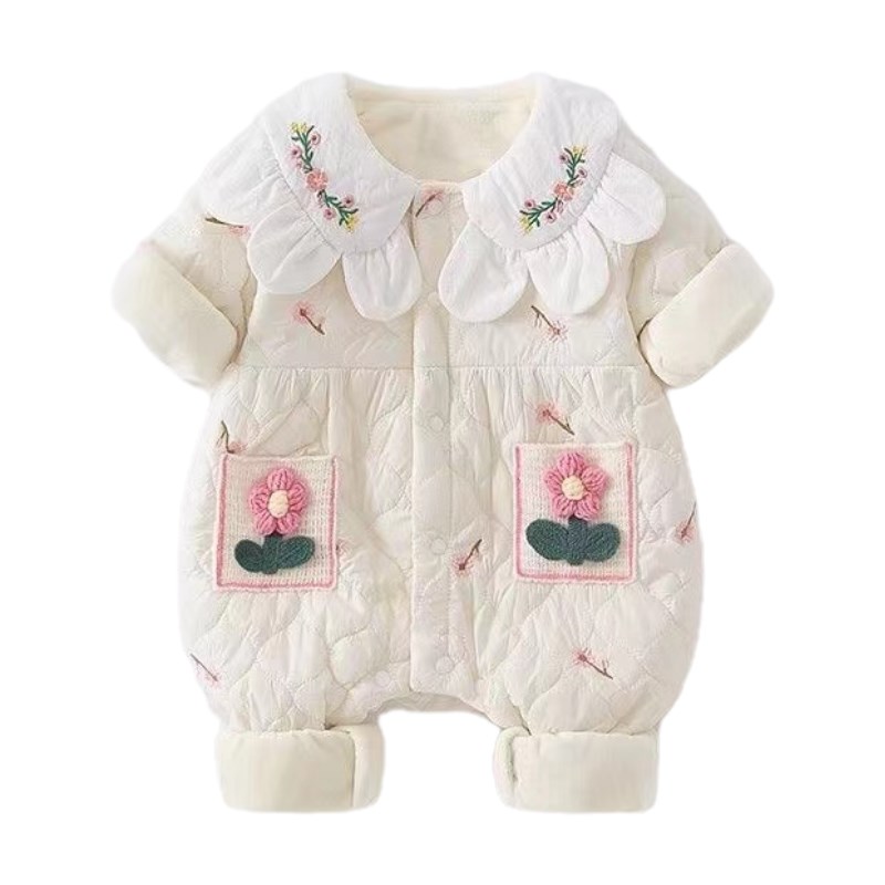 婴儿连体衣服春秋冬款新生儿薄棉女宝宝公主洋气周岁保暖外穿套装