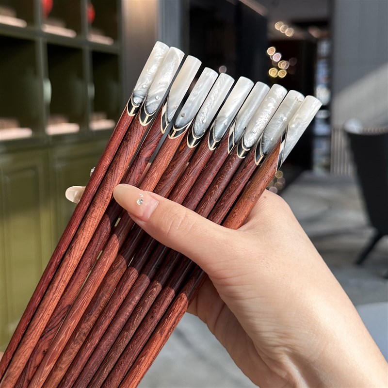 【老板娘自用】安南酸枝木牛角防滑木筷子仿白玉花边手工镶嵌家用