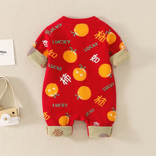 婴儿衣服满月公主爬服男女宝宝中国风红色连体毛衣春秋套装百天棉