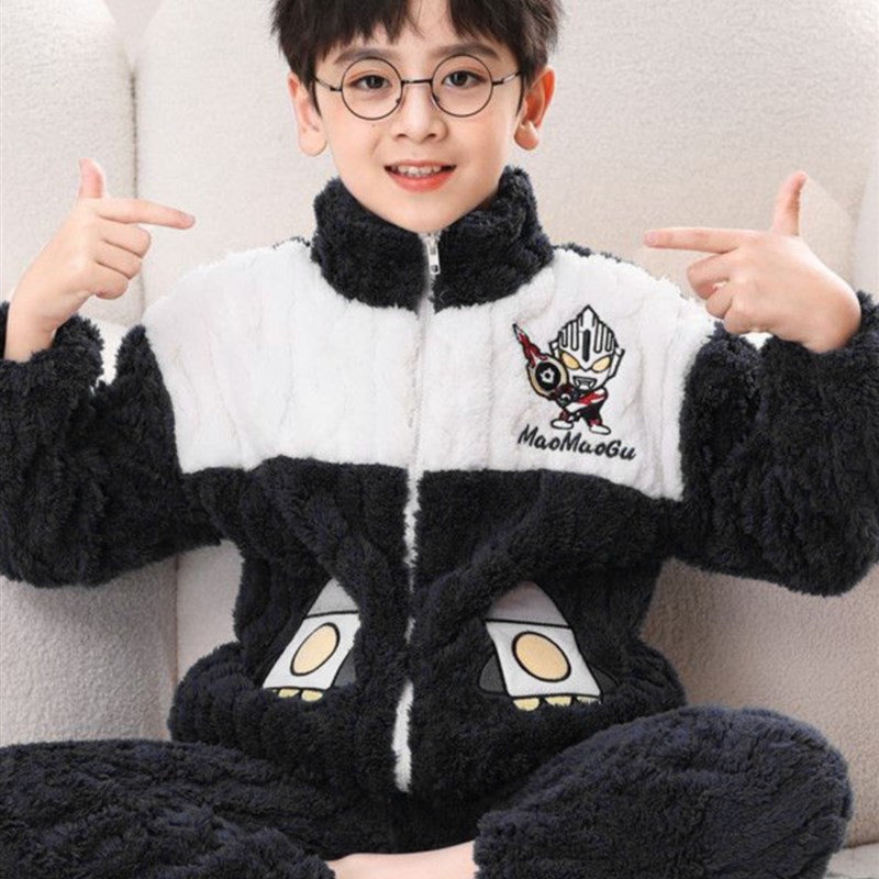 男女童加绒睡衣2024秋冬法兰绒儿童女孩加厚珊瑚拉炼家居服套装