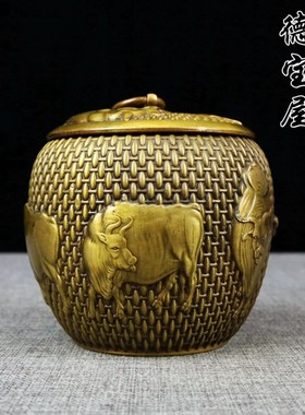 纯铜五牛茶叶罐密封罐小号金属存茶盒普洱醒茶储存罐子送礼摆放