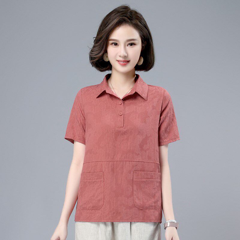 2025夏装新款纯棉短袖t恤女宽松中年妈妈大码PLOL衫气质带领上衣