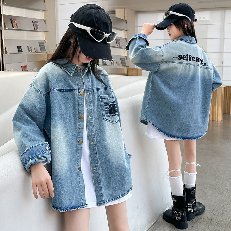 女童牛仔外套春装儿童衬衫春秋款洋气衬衣翻领中大童休闲外穿上衣
