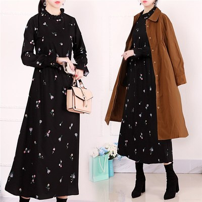 连衣裙女秋冬加绒碎花法式打底裙子微胖独特富家千金感长裙高个子