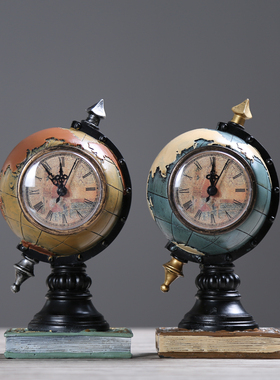 LOFT工业风复古创意地球仪钟摆件书房办公室客厅橱柜装饰品摆设
