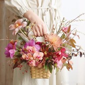 木质手提迷你小花篮藤编手提木片编织花篮干花插画篮子摆件花筐