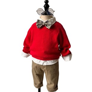 男童套装针织毛衣 儿童红色毛衣线衫细毛线学院风纯棉红色套装