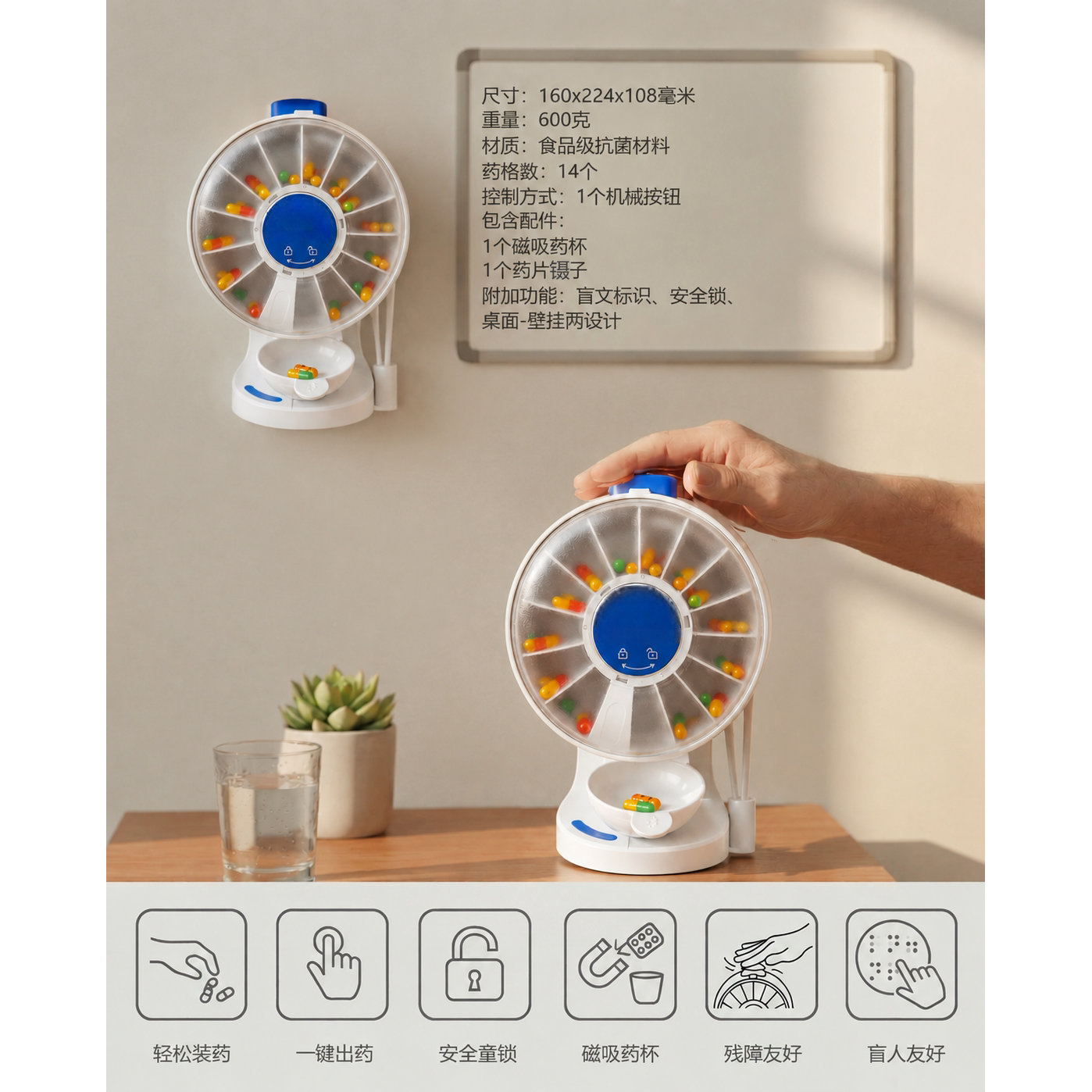 机械式智能药盒 盲文标识 安全童锁 食品级材质 磁吸药杯一键出药