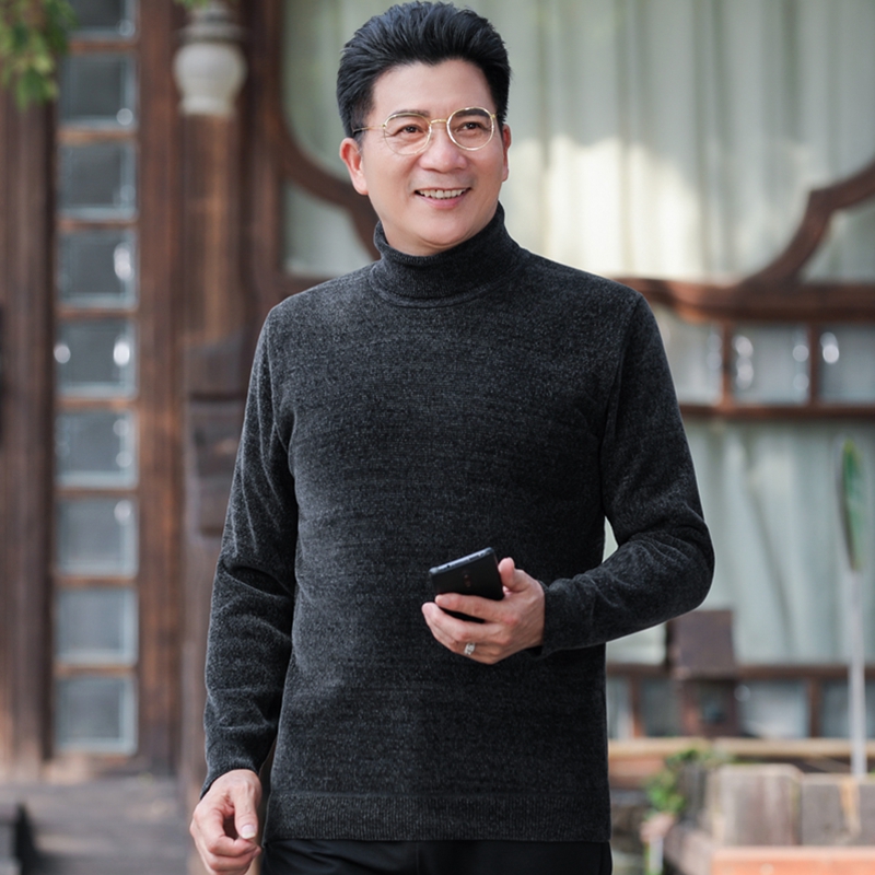 中年男士爸爸装冬季高领毛衣加绒加厚中老年人爷爷保暖针织打底衫