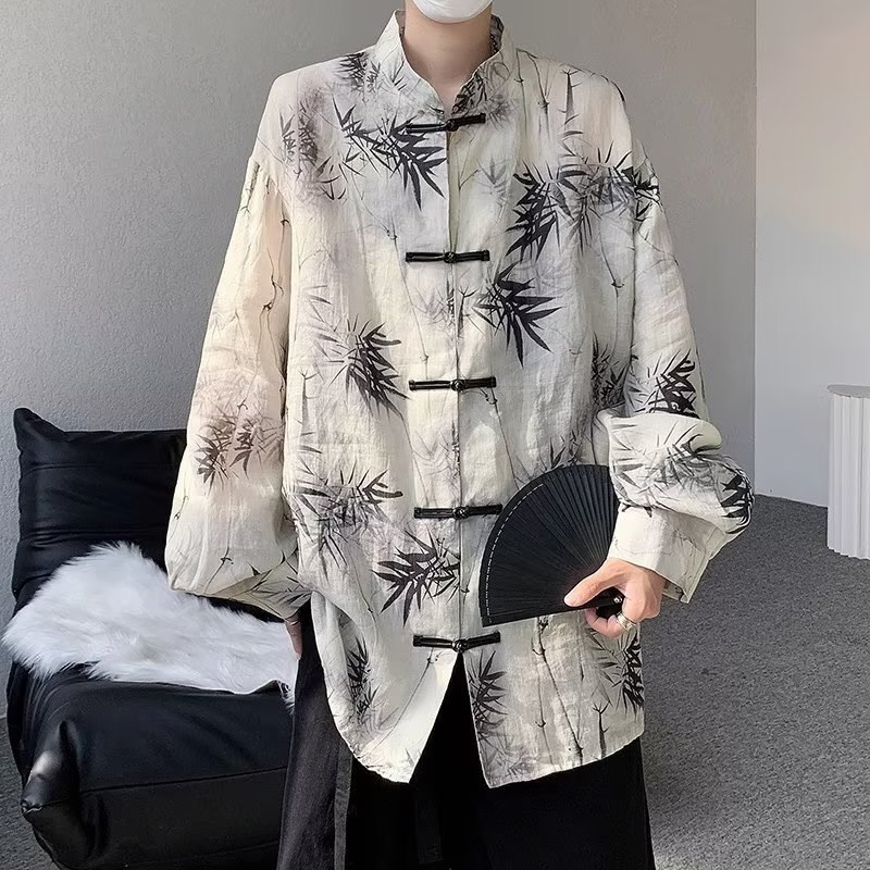 很仙的花衬衫男古风宽松长袖新中式盘扣水墨画衬衣民国唐装寸衫潮