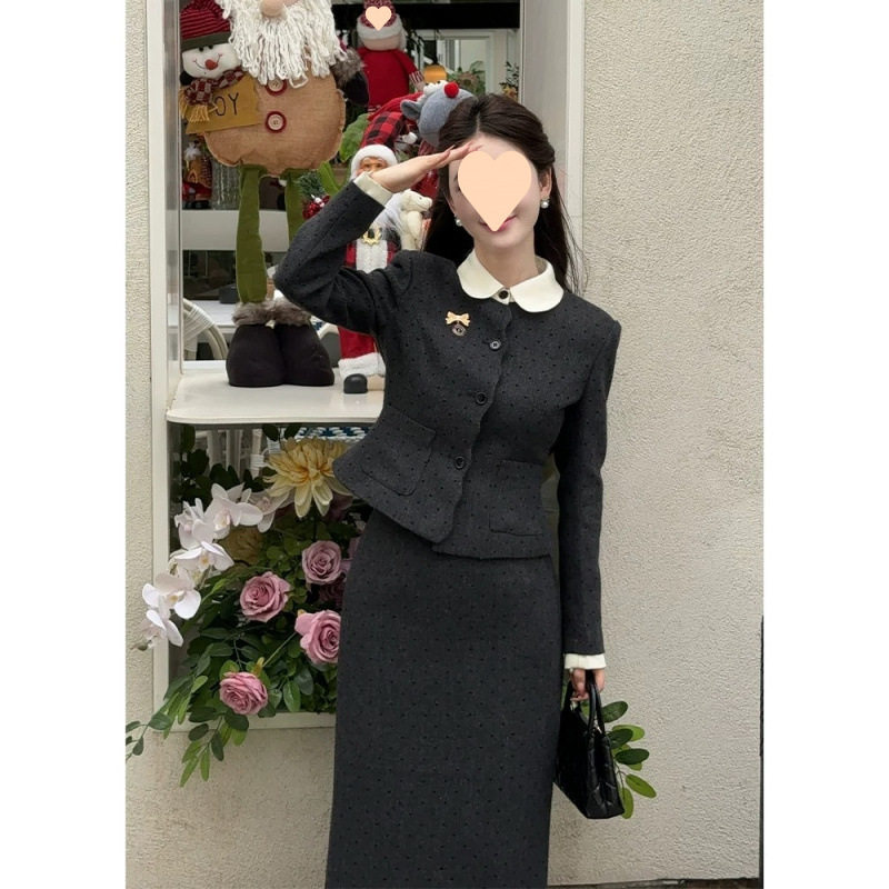 大码女装小香风套装女秋冬法式系气质收腰短款外套包臀半身裙