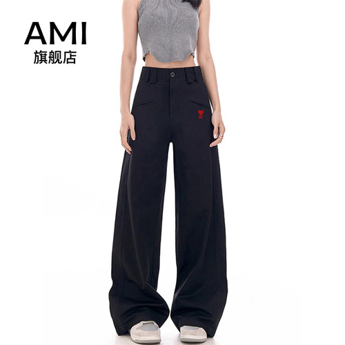 AMI女装美式黑色休闲裤女秋初秋新款高腰宽松直筒显瘦阔腿长裤小9