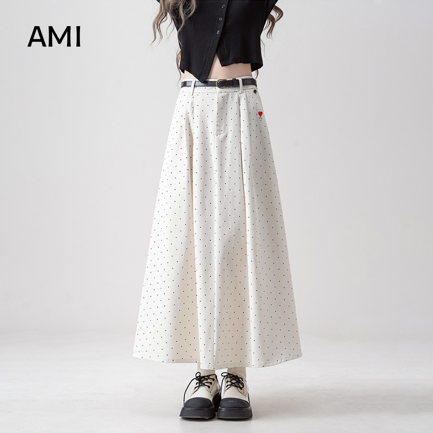 AMI官方 2026美式波点杏色半身裙女春季松紧高腰显瘦宽松正品伞裙
