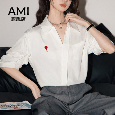 AMI官方美式衬衫女2026夏新款休闲宽松小众上衣V领短袖白色衬衣1