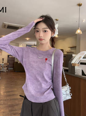 AMI美式紫色收腰上衣打底衫长袖t恤女秋冬新款氛围感纯色修身显瘦