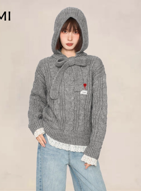 AMI针织上衣冬秋款毛衣灰色连帽毛线衣女2025年新款美式套头爱心