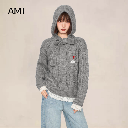 AMI针织上衣冬秋款毛衣灰色连帽毛线衣女2025年新款美式套头爱心