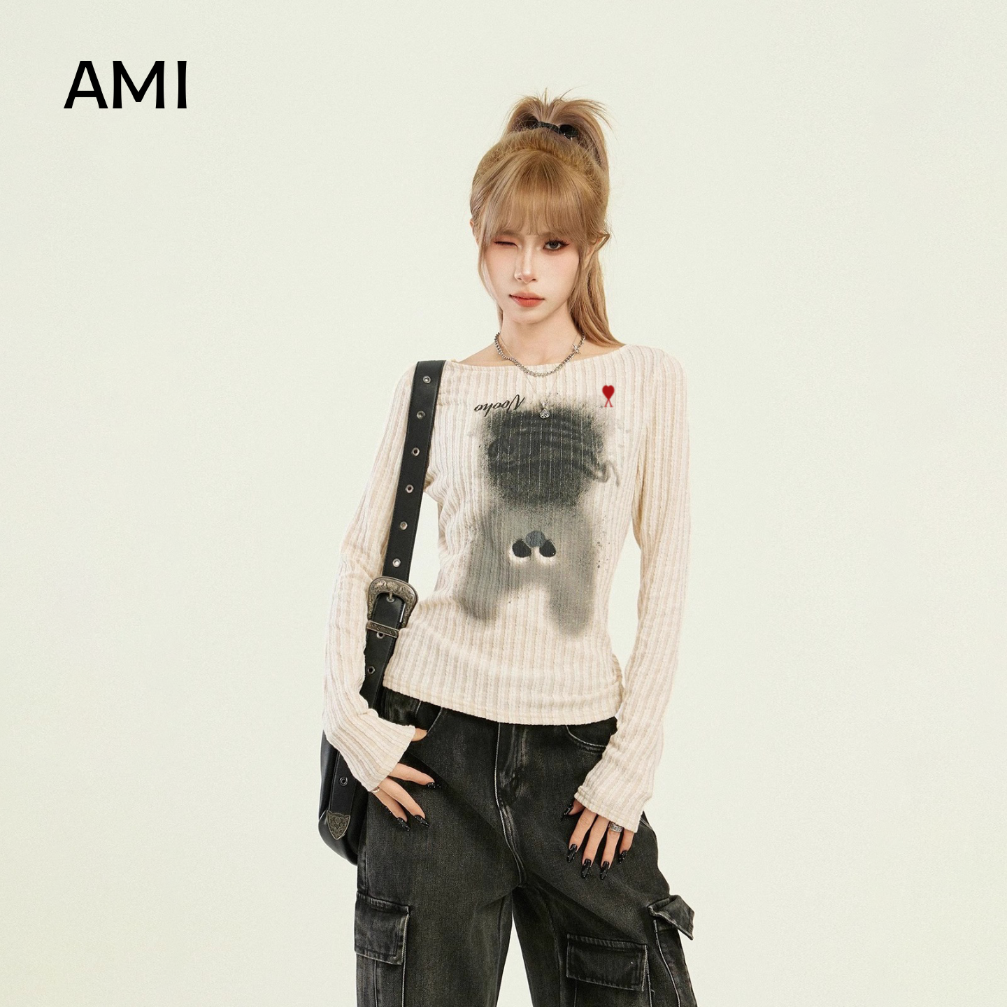 AMI美式辣妹长袖t恤女春秋新款内搭打底衫设计感小众修身针织上衣