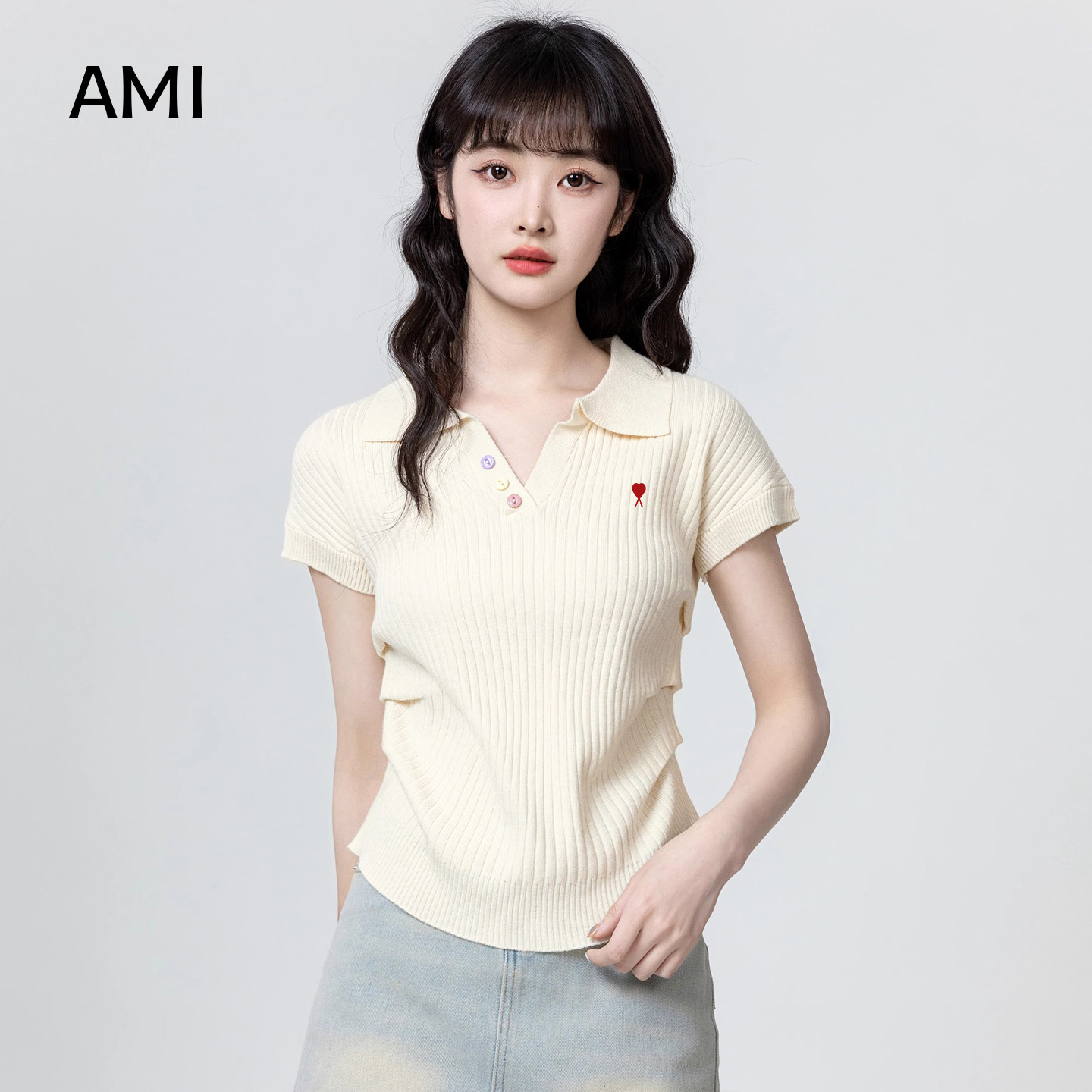 AMI官方美式杏色POLO领针织短袖女2026夏季正肩褶皱收腰正品上衣