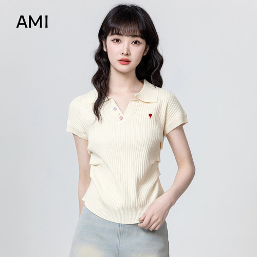 AMI官方美式杏色POLO领针织短袖女2026夏季正肩褶皱收腰正品上衣