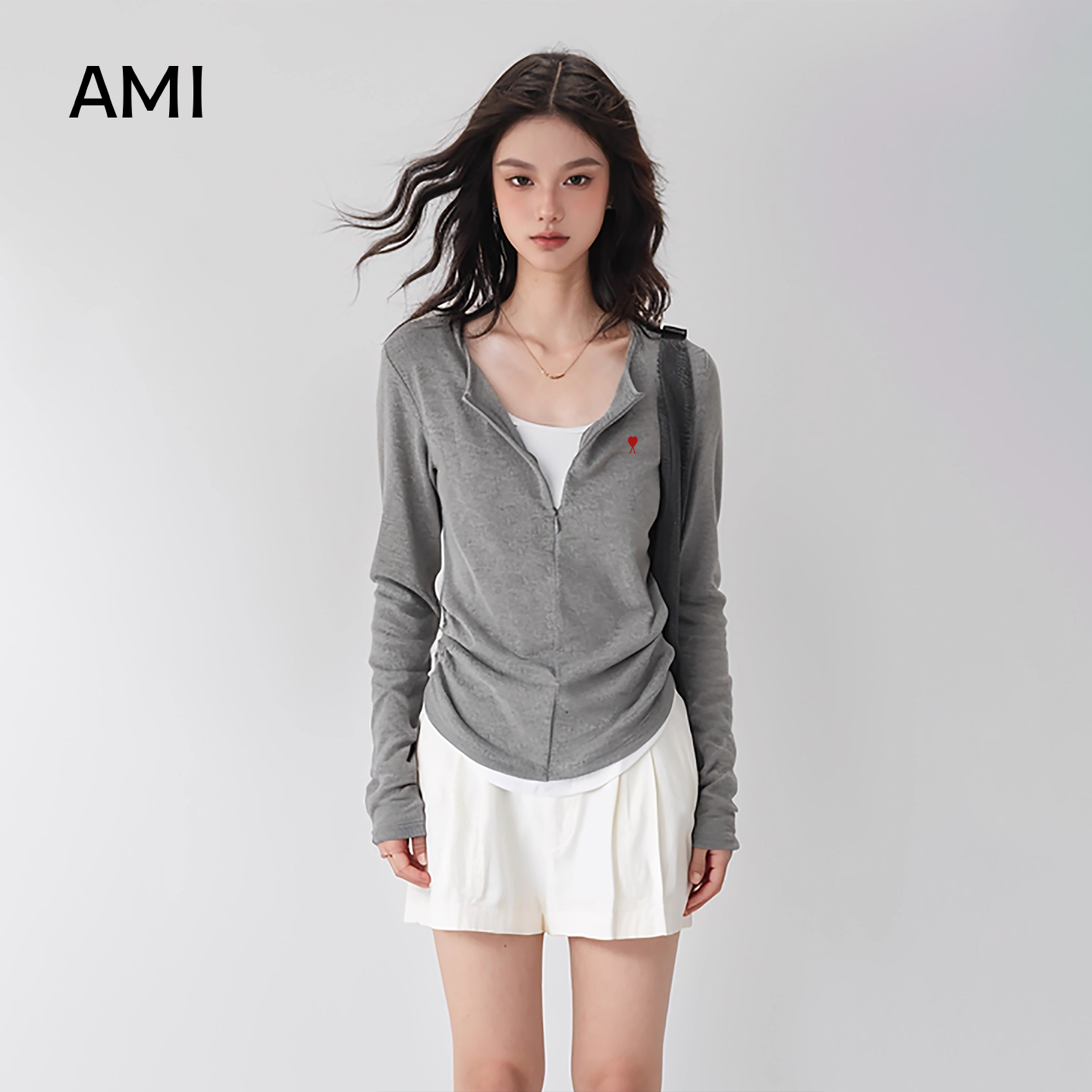 AMI美式灰色撞色假两件半拉链打底衫女春秋正品设计感长袖T恤上衣