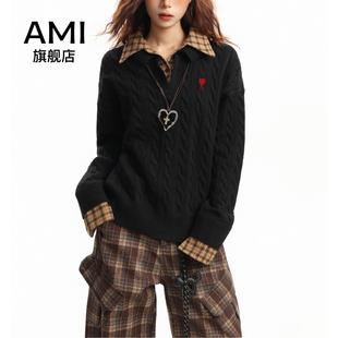 AMI官方黑色polo领假两件毛衣女秋春季针织衫宽松慵懒风套头麻花