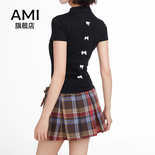 AMI官方黑色半高领蝴蝶结正肩短袖t恤女夏季短款修身半袖上衣