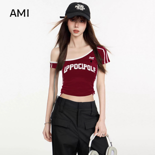 AMI官方旗舰店美式红色斜肩露肩短袖t恤女春季修身正品辣妹短款上