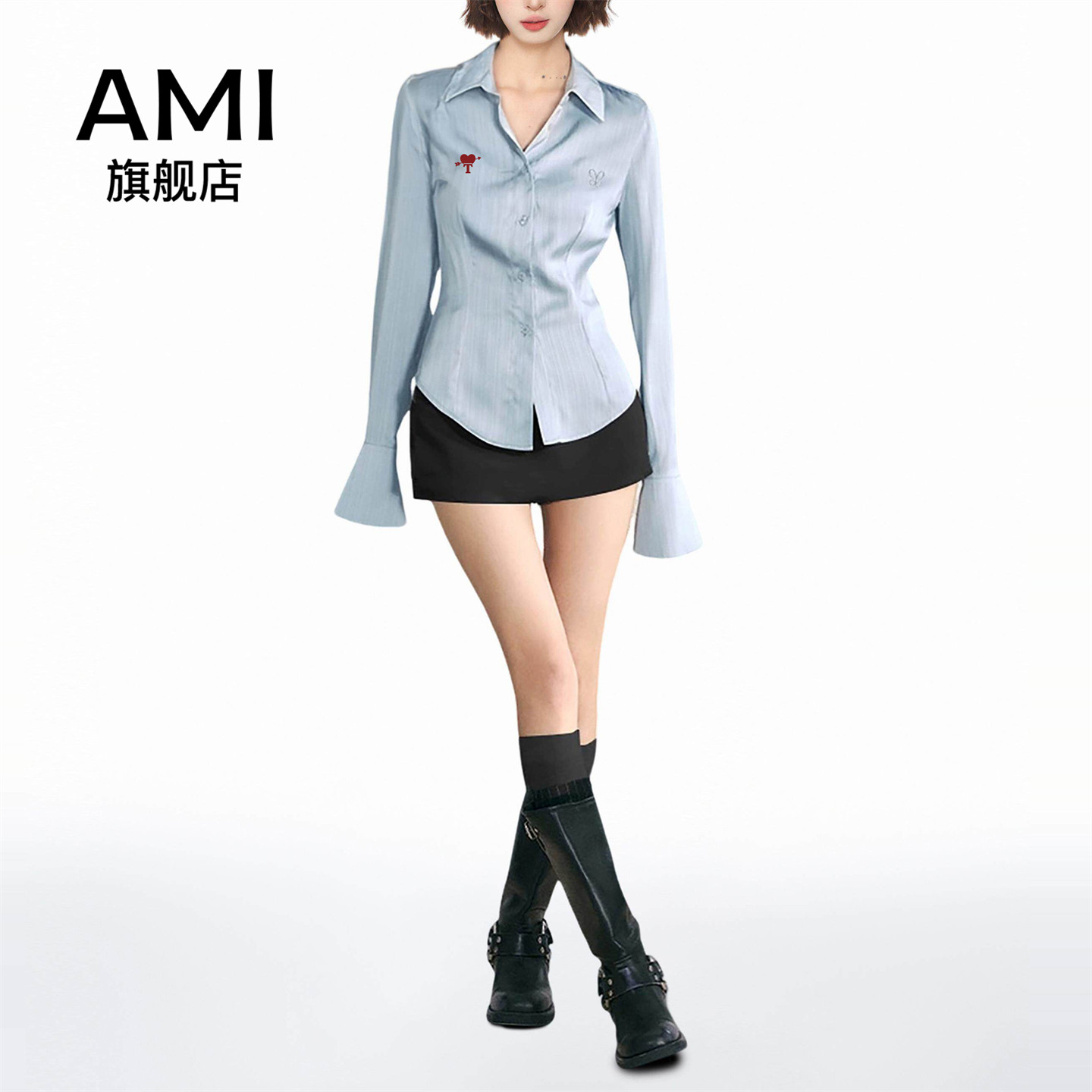 AMI官方美式浅蓝扭结翻领长袖衬衫女2026早秋通勤显瘦衬衣9图片