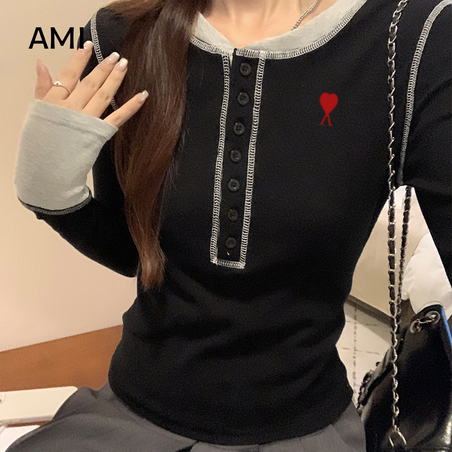 AMI官方美式拼色辣妹打底衫长袖T恤女春初春新款纽扣半开领修身内