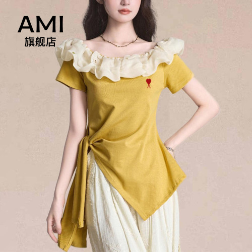 AMI官方美式设计感一字领短袖t恤女2026夏季新款修身露肩上衣潮
