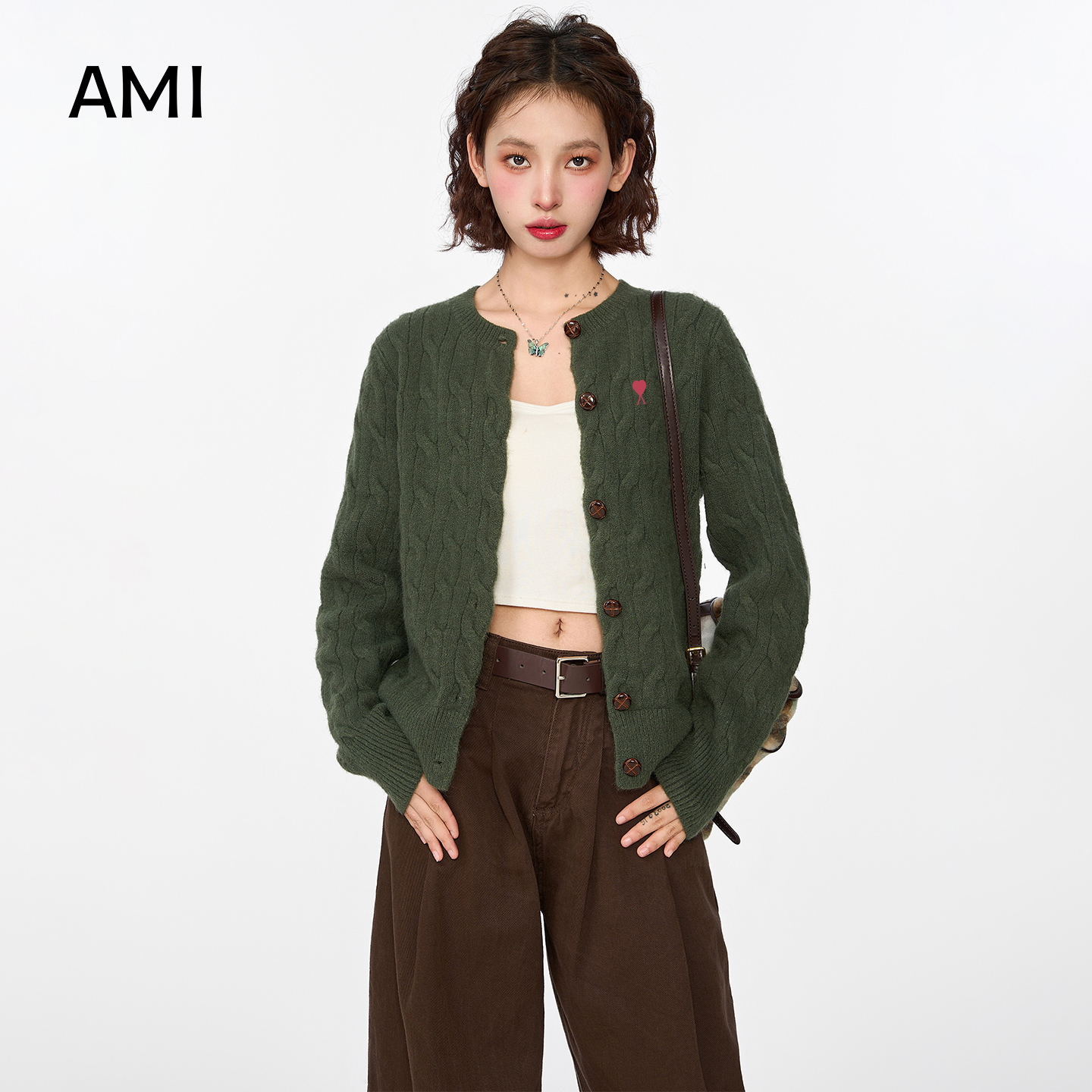 AMI 2025美式绿色长袖针织衫外套女新款外搭毛衣开衫上衣毛混纺