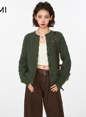 AMI 2025美式绿色长袖针织衫外套女新款外搭毛衣开衫上衣毛混纺