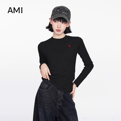 AMI官方黑色圆领长袖t恤女士2026春夏季新款修身棉打底纯色上衣女