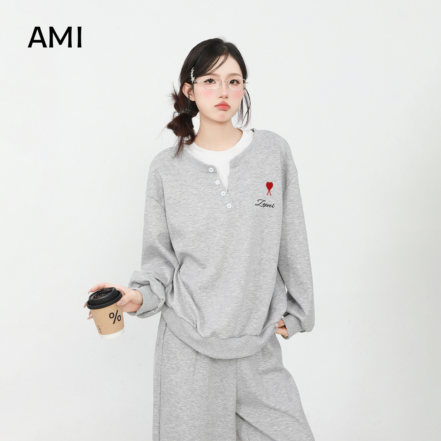 AMI美式早秋一整套假两件卫衣卫裤套装女2025新款休闲运动两件套