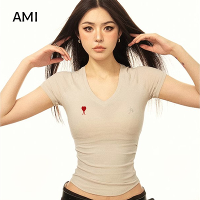 AMI官方2026美式复古V领纯色短袖T恤女夏季新款修身正品显瘦上衣