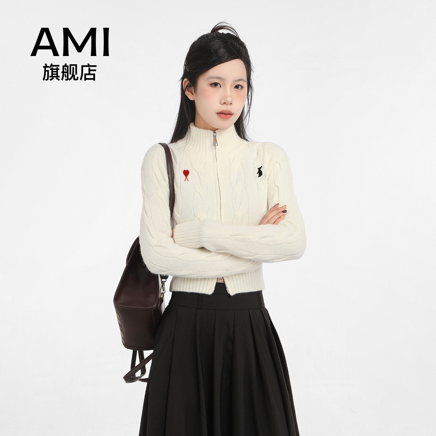 AMI美式复古刺绣立领麻花毛衣外套女2025秋冬款时尚拉链针织开衫