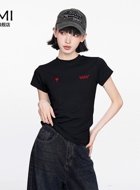 AMI灰色正肩短袖女生t恤女夏2025新款紧身修身显瘦体恤短款上衣